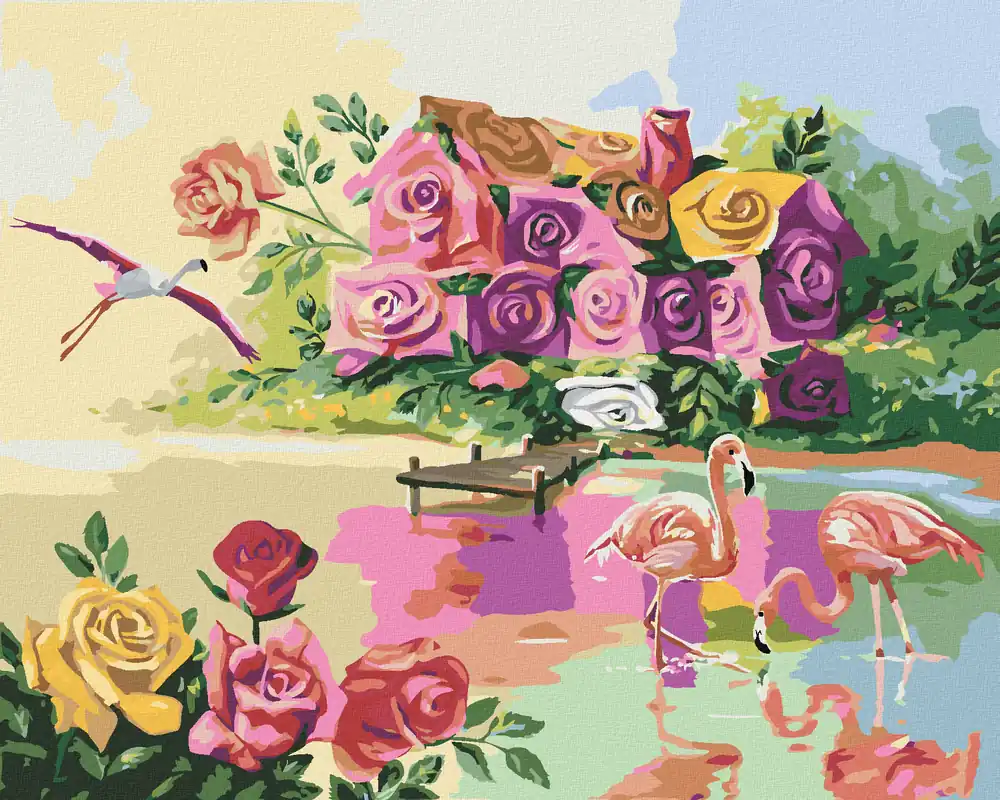 Heute Kaufen Diamond painting – FLAMINGOS AM HAUS DER ROSEN (D. RUSTY RUST)