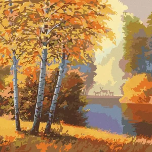 Diamond painting - HERBSTWALD MIT FLUSS UND HIRSCHEN Mengenrabatt