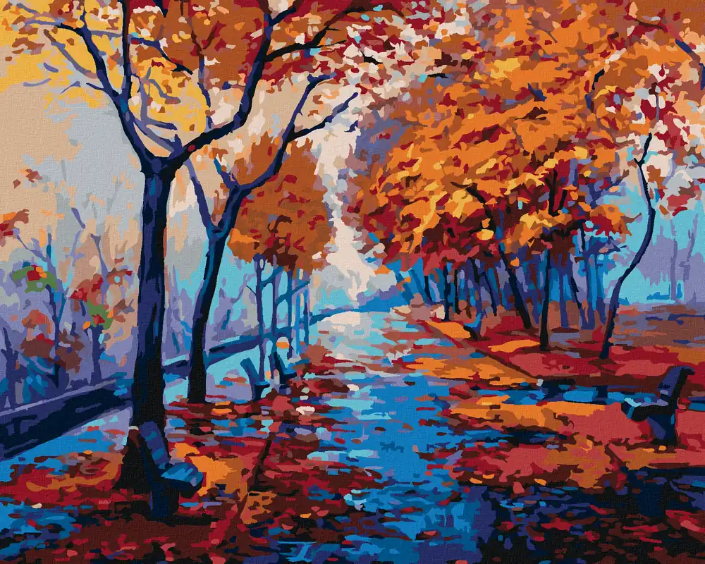 Diamond painting – HERBSTLICHER WALDPARK MIT LEEREN BÄNKEN Kostenloser Versand