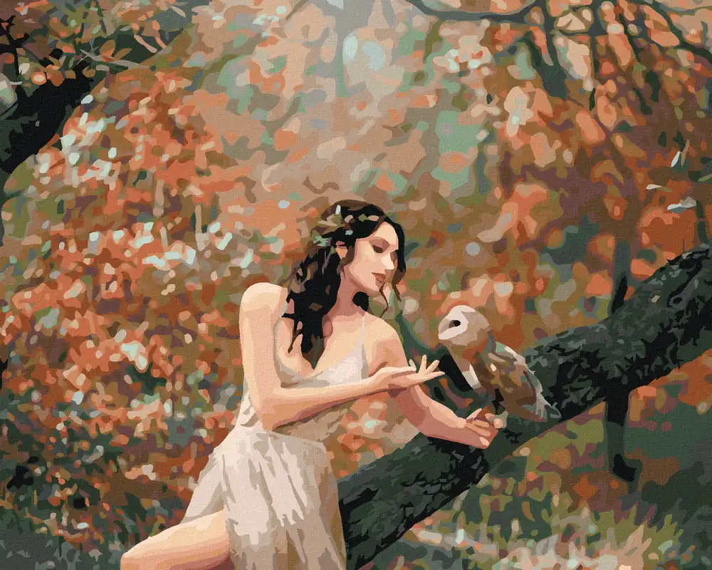 Neuheit Diamond painting – MÄRCHENHAFTES MÄDCHEN MIT EULE IM WALD