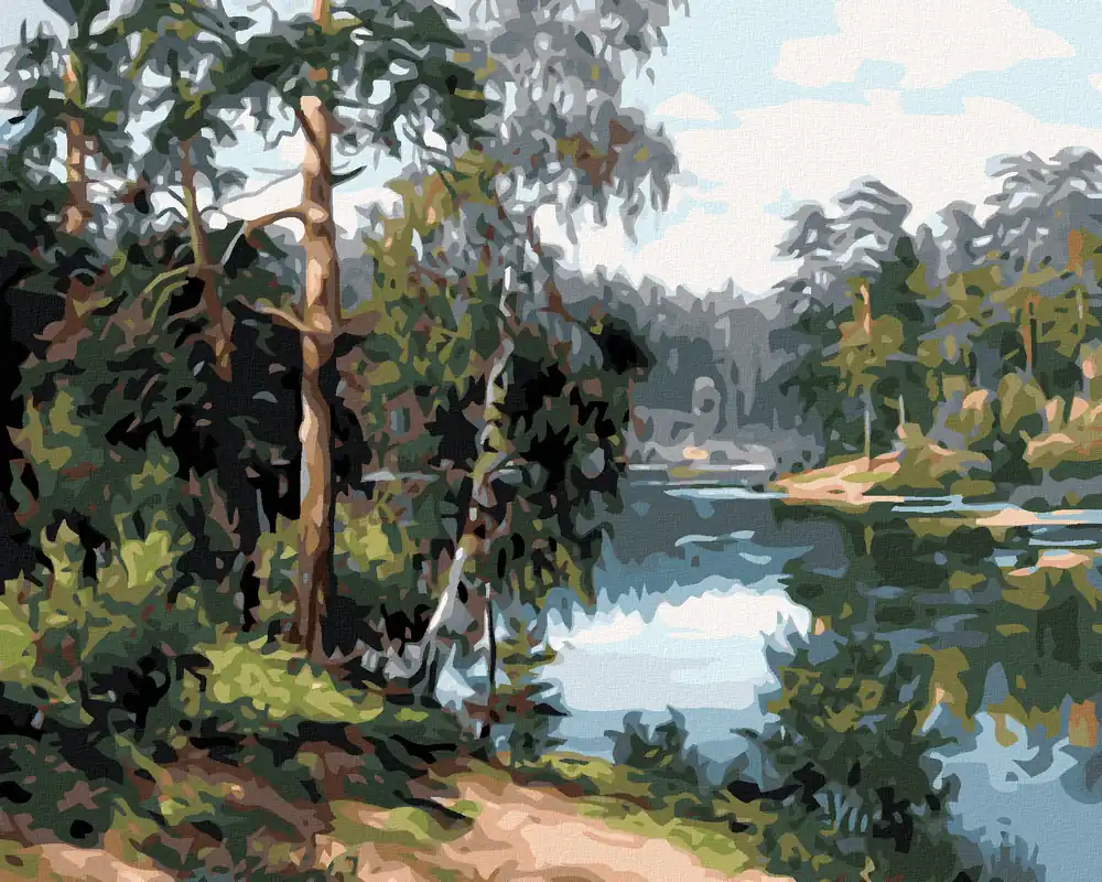 Diamond painting – BLICK AUF DEN SEE DURCH DIE BÄUME Gratis Versand