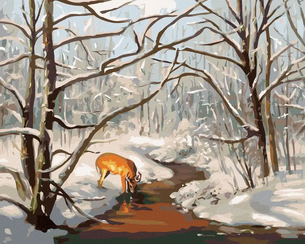 Neu Diamond painting – REH IM WALD UND FLUSS IM WINTER (D. RUSTY RUST)