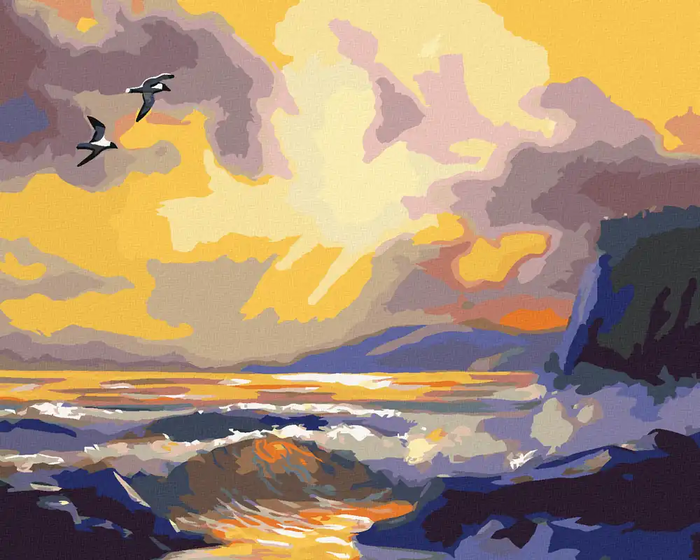 Exklusiv Diamond painting – VÖGEL, DIE IN DER DÄMMERUNG ÜBER DAS MEER FLIEGEN (D. RUSTY RUST)