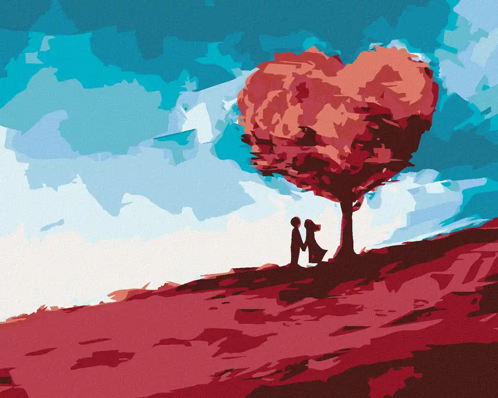 Diamond painting – KUSS UNTER EINEM HERZFÖRMIGEN BAUM Nur Für Kurze Zeit