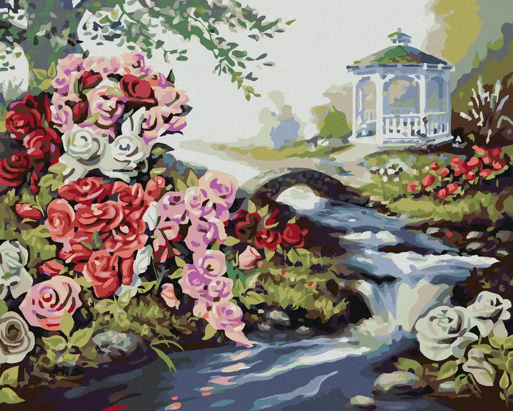 Exklusiv Diamond painting – ROSE AM BACH UND EIN PAVILLON (D. RUSTY RUST)