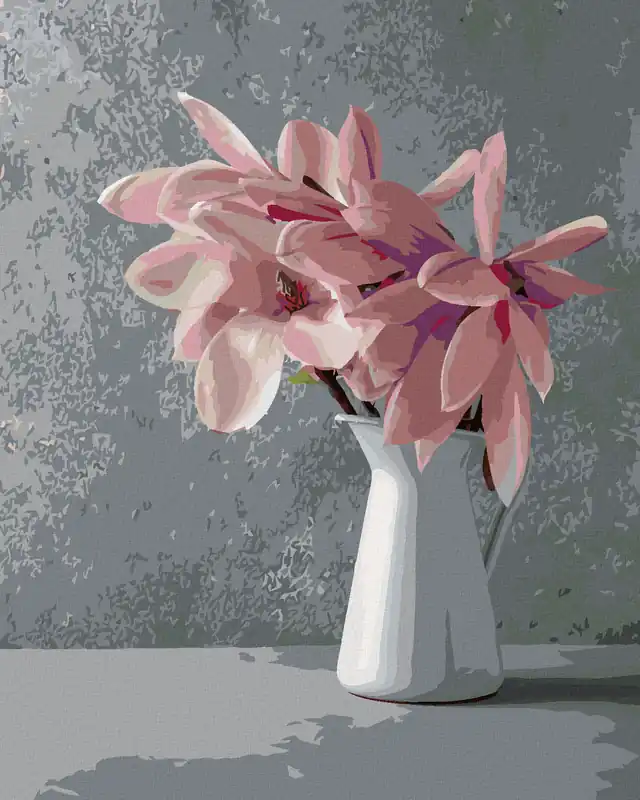 Direkt Vom Hersteller Diamond painting – ROSA MAGNOLIEN IN WEISSER KERAMIKVASE