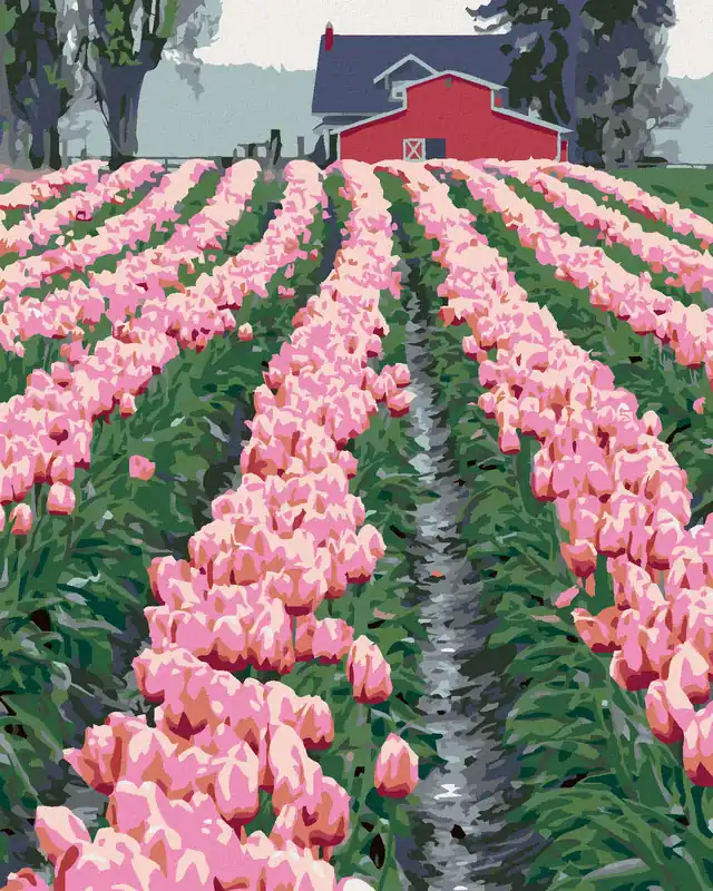 Diamond painting – ROSA TULPEN AN DER SCHEUNE (DENNIS FRATES) Preis Gesenkt