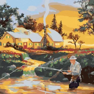 Diamond painting - MANN BEIM ANGELN IM FLUSS, HAUS UND SONNENUNTERGANG (D. RUSTY RUST) Bestpreis