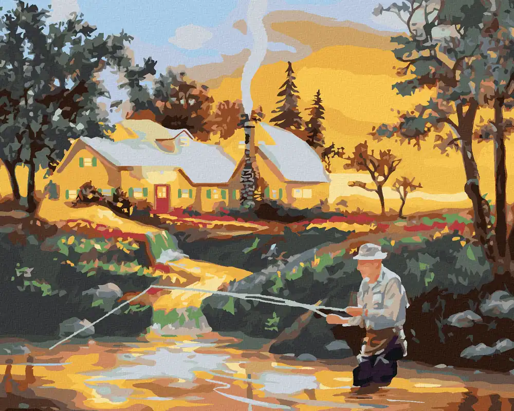 Diamond painting – MANN BEIM ANGELN IM FLUSS, HAUS UND SONNENUNTERGANG (D. RUSTY RUST) Bestpreis