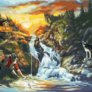 Markenprodukt Diamond painting - FISCHER, WASSERFALL UND WOLF (D. RUSTY RUST)