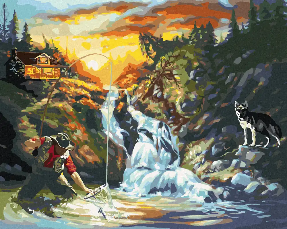 Markenprodukt Diamond painting – FISCHER, WASSERFALL UND WOLF (D. RUSTY RUST)