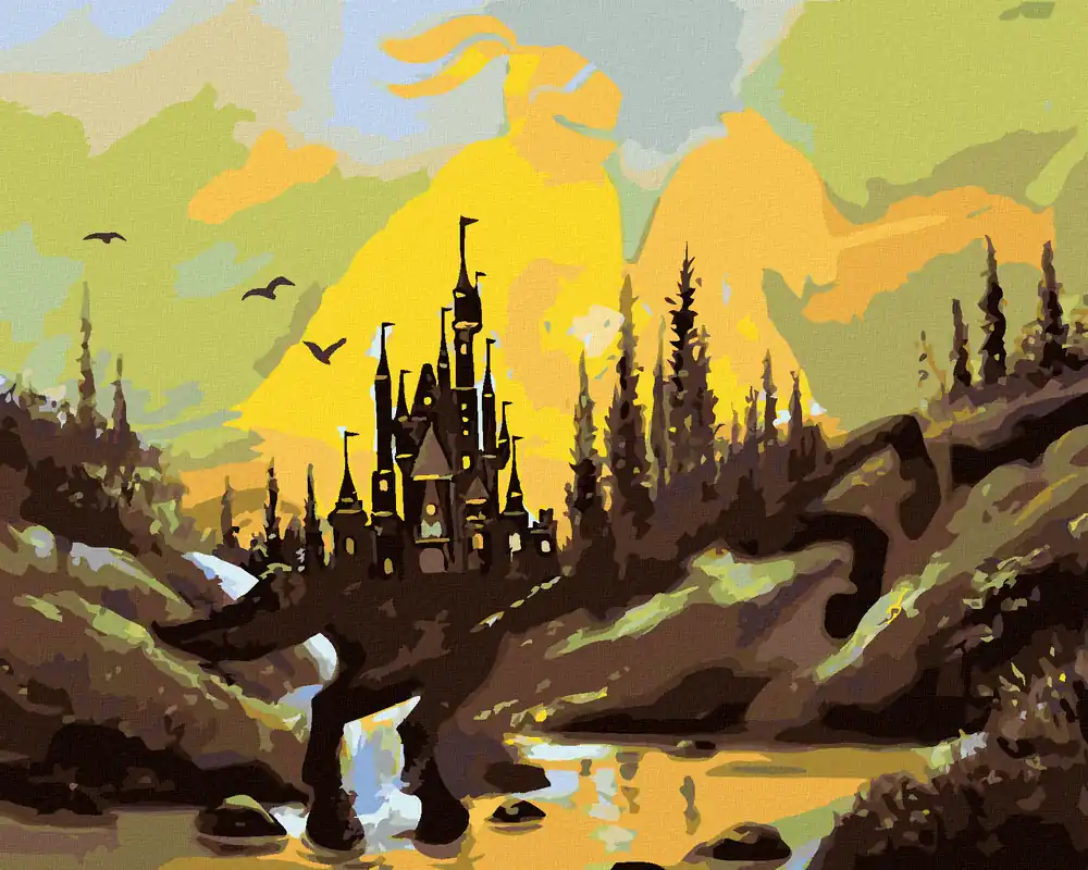 Diamond painting – RITTER ZU PFERD, SCHLOSS UND SONNENUNTERGANG (D. RUSTY RUST) Jetzt Zugreifen