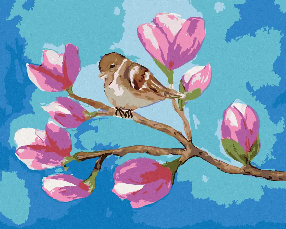 Diamond painting – SITZENDER SPATZ AUF DEM ZWEIG MIT MAGNOLIENBLÜTEN Versand Am Gleichen Tag