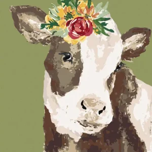 Diamond painting - KUH MIT BLUME AUF GRÜNEM HINTERGRUND (HALEY BUSCH) Preiswert