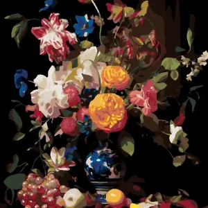 Diamond painting - STILLLEBEN BLUMENSTRAUSS IN EINER BEMALTEN VASE UND OBST Sonderaktion