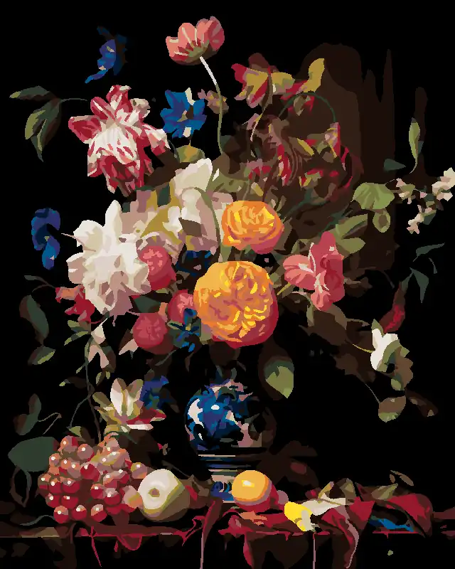 Diamond painting – STILLLEBEN BLUMENSTRAUSS IN EINER BEMALTEN VASE UND OBST Sonderaktion