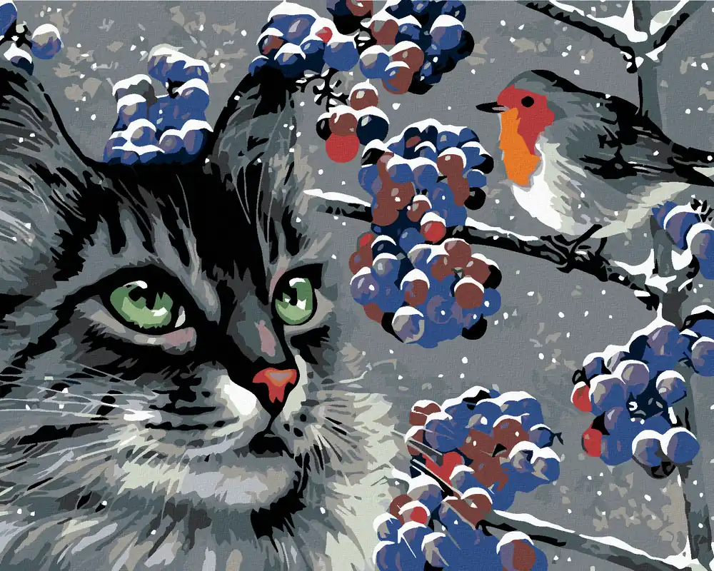 Diamond painting – LAUERNDER GRAUER KATER UND VÖGLEIN Neu Im Sortiment