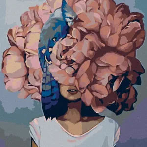 Diamond painting - FRAU MIT ROSA BLUME UND VÖGLEIN Kracherpreis