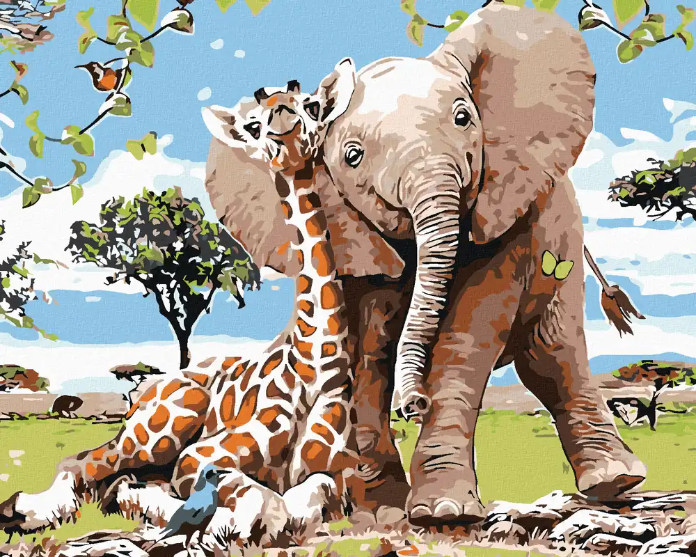 Diamond painting – GIRAFFE UND EIN KLEINER ELEFANT Nur Heute