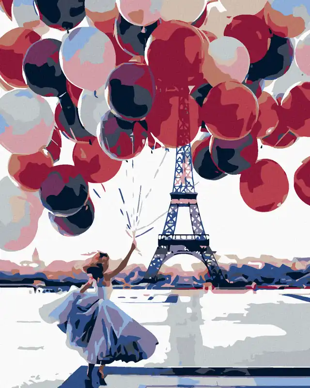Diamond painting – FRAU MIT VIELEN BALLONS AM EIFFELTURM Neue Ware