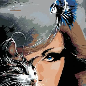 Begrenztes Angebot Diamond painting - FRAU KATZE UND BLAUES VÖGLEIN