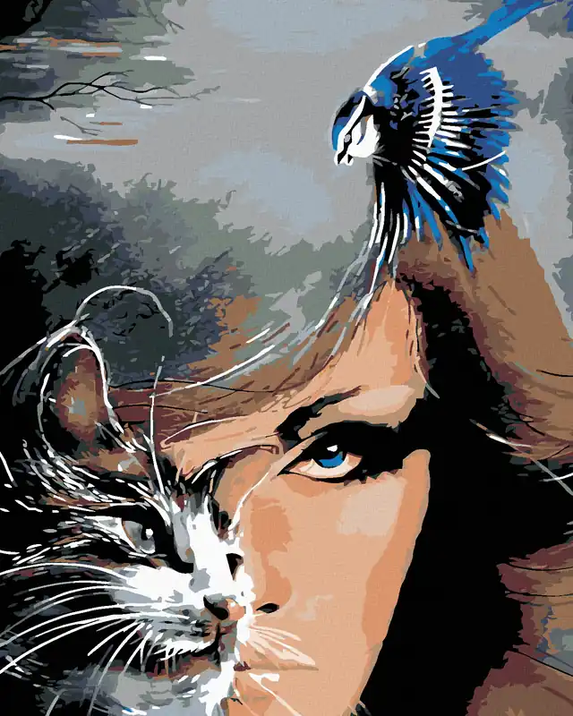 Begrenztes Angebot Diamond painting – FRAU KATZE UND BLAUES VÖGLEIN