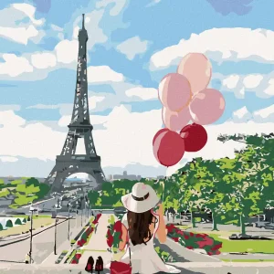 Diamond painting - FRAU MIT BALLONS VOR DEM EIFFELTURM Kostenfreie Lieferung