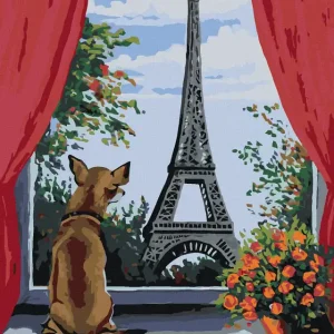 Diamond painting - HÜNDCHEN IM FENSTER UND BLICK AUF DEN EIFFELTURM Ausverkauf