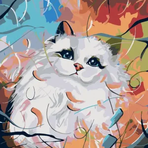 Preiswert Diamond painting - WEIßES KÄTZCHEN UND FARBIGER HINTERGRUND