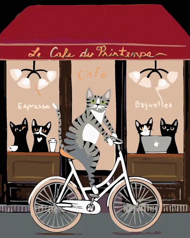 Garantierte Lieferung Diamond painting – KATER AUF DEM FAHRRAD VOR DEM KAFFEEHAUS