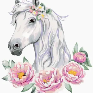 Diamond painting - WEISSES PFERD MIT PFINGSTROSEN Super-Preis