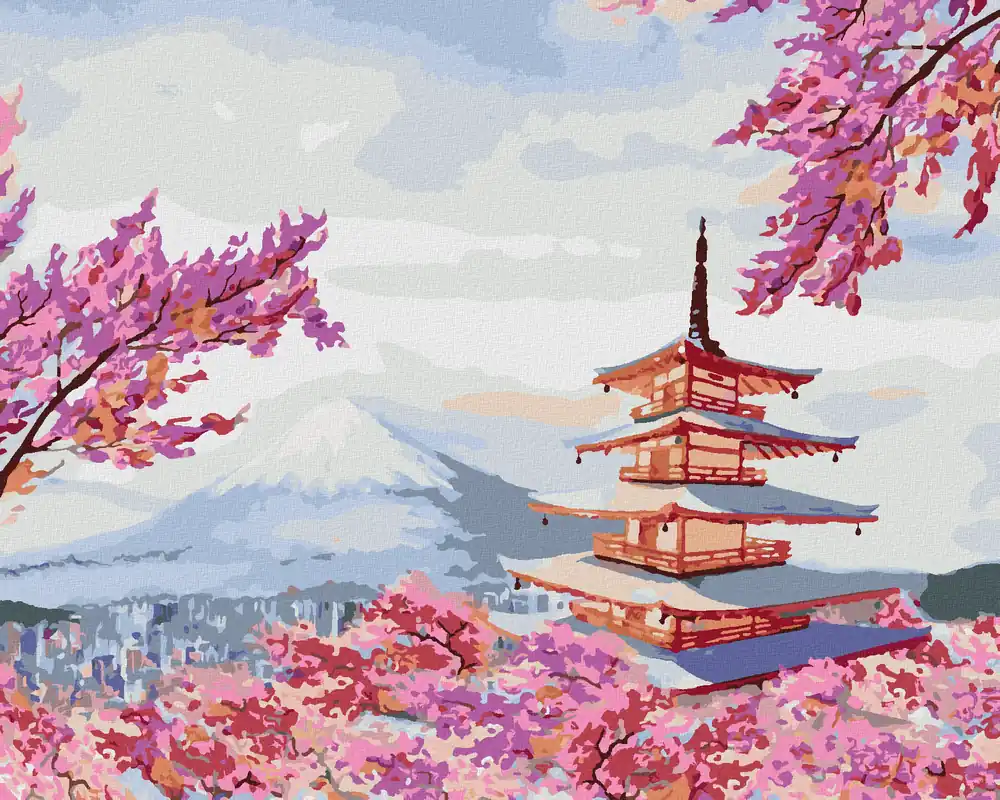 Jetzt Zugreifen Diamond painting – JAPANISCHER TEMPEL UND ROSA BLUMEN