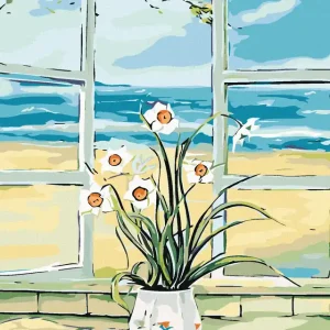 Diamond painting - NARCISSE IM FENSTER AM STRAND Top-Qualität