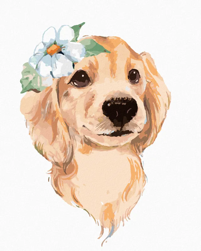 Diamond painting – SÜSSER HUND UND WEISSE BLUME Jetzt Kaufen