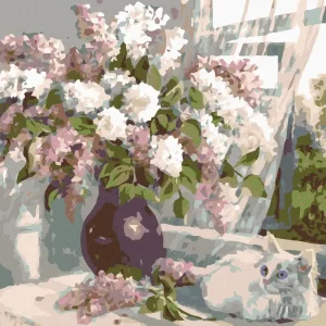 Kostenloser Versand Diamond painting - WEIßES KÄTZCHEN UND FLIEDER IN VASE