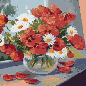 Diamond painting - MARGERITEN UND MOHNBLUMEN AM FENSTER Markenprodukt