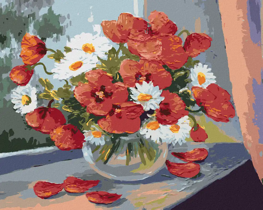 Diamond painting – MARGERITEN UND MOHNBLUMEN AM FENSTER Markenprodukt