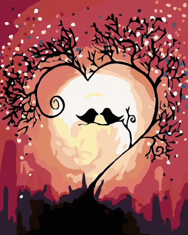 Diamond painting – VÖGEL IM BAUMHERZEN Kostenloser Rückversand