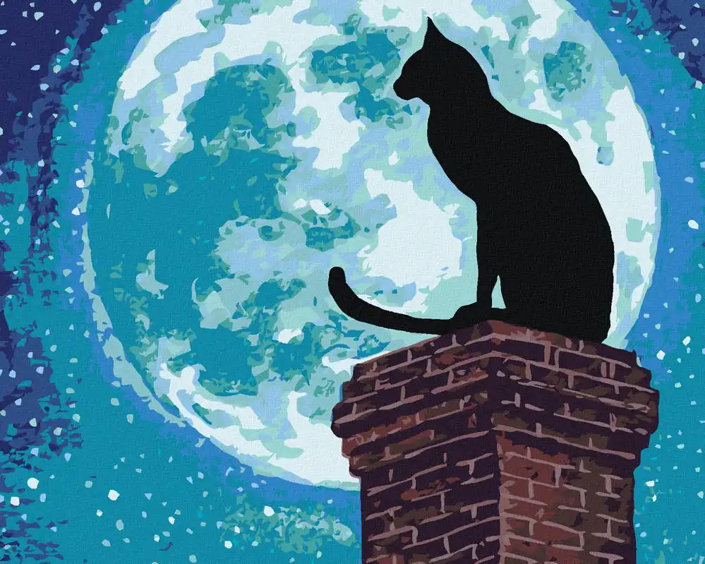 Diamond painting – KATZE AUF EINEM SCHORNSTEIN UND VOLLMOND Highlight