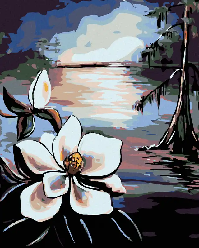 Kostenloser Rückversand Diamond painting – WUNDERSCHÖNE BLUME UND ALTER BAUM AM SEE
