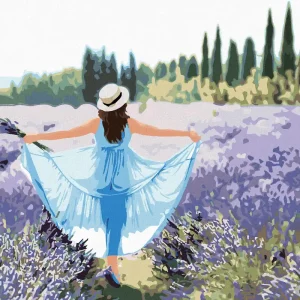 Diamond painting - LAVENDELFELD UND FRAU IN BLAUEM KLEID Schneller Versand