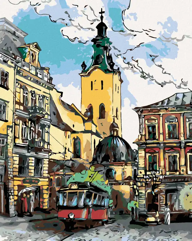 Sofort Bestellen Diamond painting – STRAßENBAHN AM STADTPLATZ