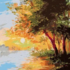 Diamond painting - FLUSS IM FRÜHLINGSWALD UND SONNENUNTERGANG Markenware