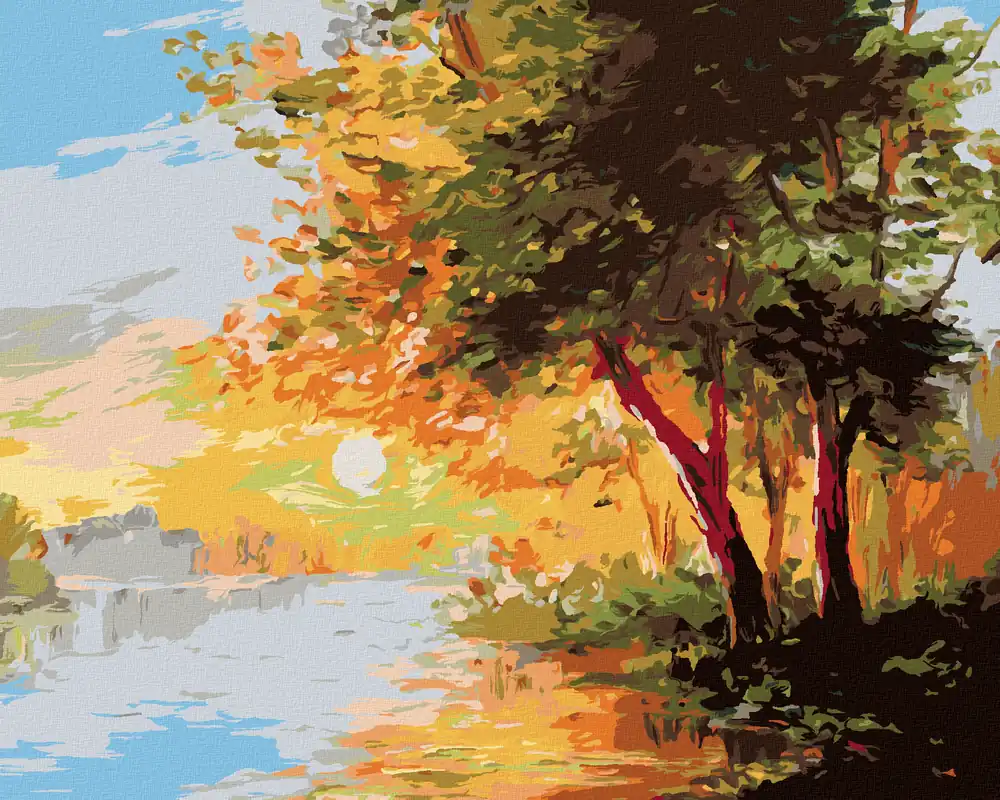 Diamond painting – FLUSS IM FRÜHLINGSWALD UND SONNENUNTERGANG Markenware