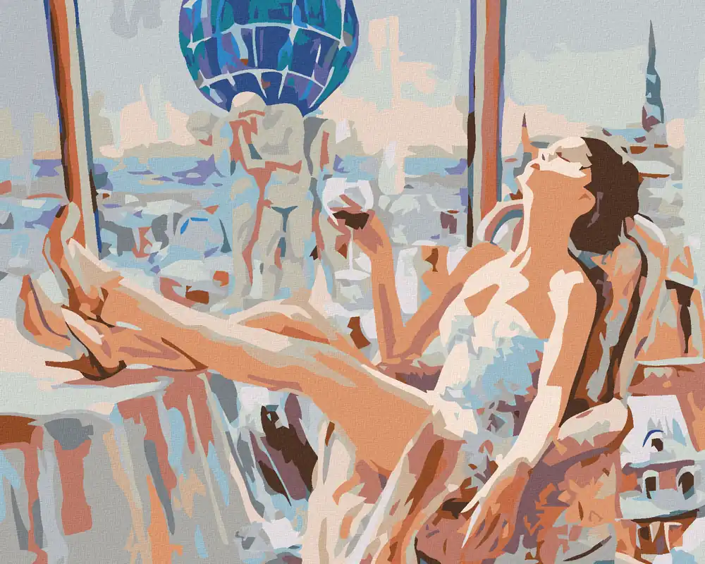 Original Diamond painting – RUHENDE FRAU MIT GLAS WEIN