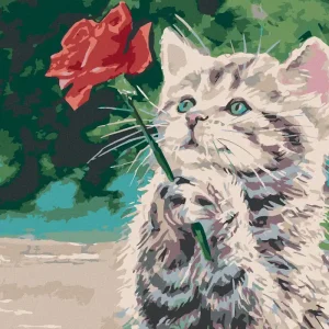 Hochwertig Diamond painting - KÄTZCHEN UND ROTE ROSE