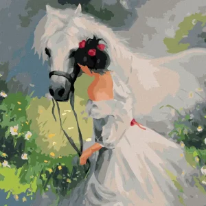 Hochwertig Diamond painting - EIN MÄDCHEN IM WEISSEN KLEID UND EIN PFERD
