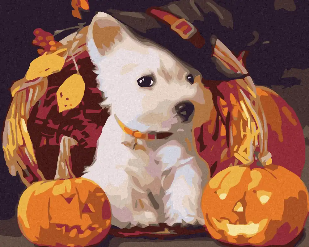 Diamond painting – HUNDEWELPE MIT KÜRBISSEN Kracherpreis