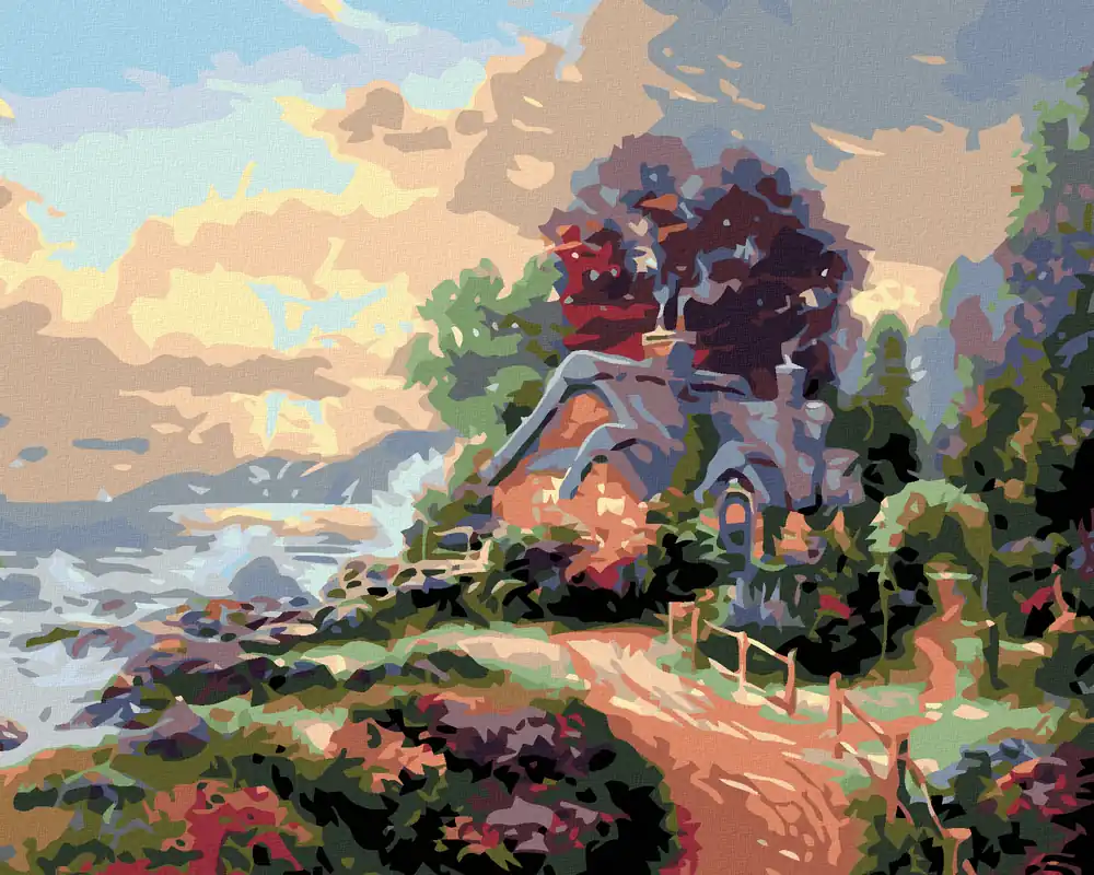 Hochwertig Diamond painting – HÄUSCHEN IM GARTEN AN DER KÜSTE