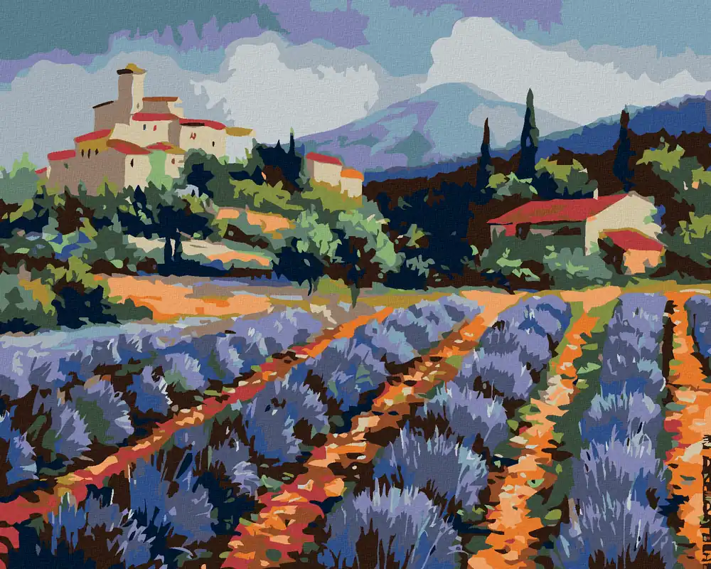 Billig Diamond painting – BAUWERK UND LAVENDELFELD